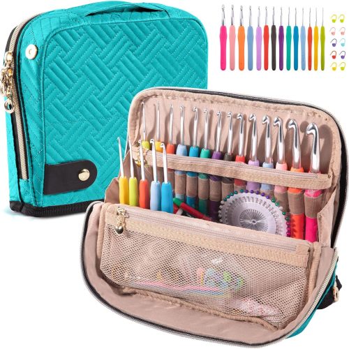 1 Crochet Hook Case with 14 Size Crochet Hooks Set 2mm(B)-10mm(N) Ergonomic Crochet Hooks with Crochet Case Stand Up - Crochet Hook Organize for Crochet Lovers, Crochet Kit for Beginners