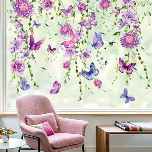 6 Sheet Purple Flower Window Clings Spring Floral Butterfly Hanging Vine Reusable Window Decals for Home School Office Seasonal Party Supplies