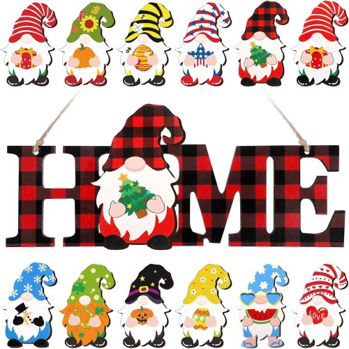 13 Pcs Interchangeable Gnome Home Sign Wooden 3D Christmas Winter Seasonal Door Decor Farmhouse Rustic Home Decoration for Holiday Wall Decor Gift(Red, Black)