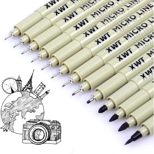 12+1 Fineliner Drawing Art Pens, Black Waterproof Pigment Ink Set for Artists, Sketching, Manga, Watercolor, Calligraphy, and Detail Outlining Archival Quality Inking Markers