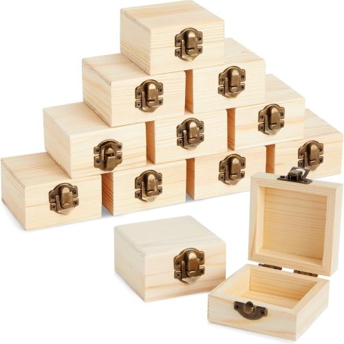 Raw Wood Box Set - 12 Pack, 2.7 x 2.7 x 1.6 In, Pinewood Treasure Chests - Paintable Mini Wooden Boxes for Crafts & Jewelry Storage with Hinged Lid