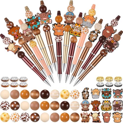 1 12 Set Beadable Pens Assorted Bead Pens Wood Crystal Round Spacer Set Black Ink DIY Ballpoint for Women Men Gift Office Supplies(Multicolor,Cow)