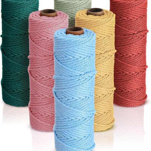 1 6 Rolls Macrame Cord 3mm x 328 Yards Cotton Rope Colored Yarn Twine Set for DIY Wall Plant Hanger Crafts Knitting Making Supplies, 6 Colors(Vivid Colors)