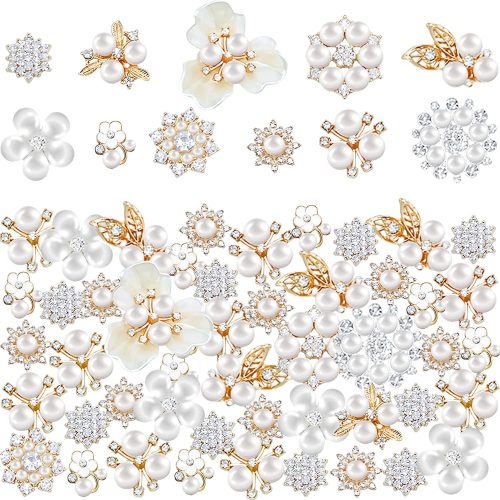 1 60 Pieces Rhinestone Buttons,Faux Pearl Embellishments Buttons,Flat Back Flower Rhinestone Buttons for Crafts,Jewelry Making,DIY Wedding Decorations,Clothes Bags Shoes Supplies
