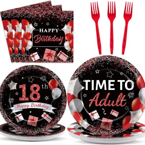 1 96 Pcs 18th Birthday Party Supplies Paper Plates Napkins Time To Adult Red Black 18 Years Old Birthday Party Dinner Dessert Tableware Set 18th Decorations Favors for Boys Girls Serves 24