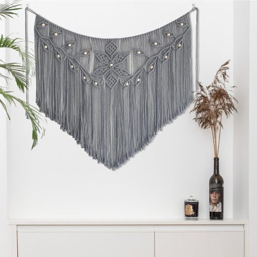 Macrame Wall Hanging Large Macrame Curtains Leaf Shape Beads Wall Decor Boho Tassel Wall Art Woven Tapestry Headboard Backdrop Gray