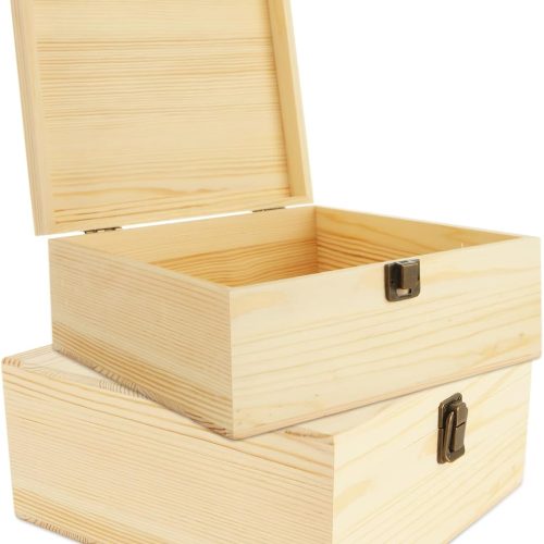 2Pcs Large Wooden Box, 12.6" x 8" x 3.1" Unfinished Wooden Box with Hinged Lid, Reusable Wood Boxes for Crafts, Gift, Home Storage, DIY Keepsake Box