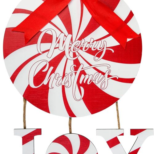 Christmas Door Sign Peppermint Candy Front Door Decor Joy Wooden Hanging Wreaths Red White Porch Decorations with Bow for Window Wall Home Decor