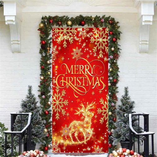 Christmas Decorations Door Cover, Red Glitter Merry Christmas Reindeer Elk Door Sign Banner, Large Fabric Xmas Party Decorations Backdrop for Outdoor Indoor New Year Holiday Home Yard Garden, 90x185cm
