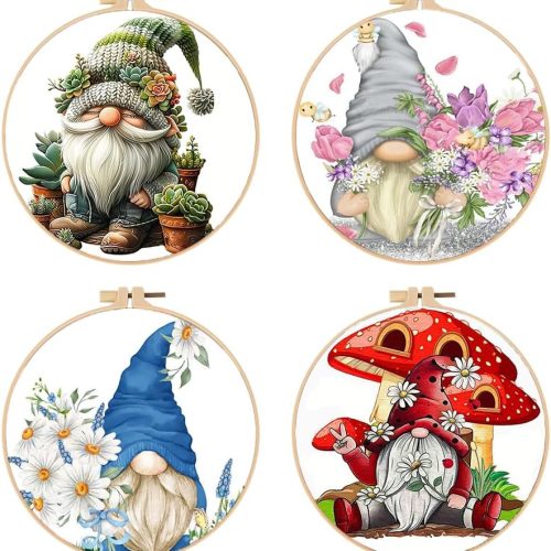 1 4 Pack Stamped Cross Stitch Kits for Adults with Frame - Gnome Flower Embroidery Kits for Beginners Adults,11 CT Patterns Dimensions Counted Cross Stitch Kits Arts Craft Kits 7.8 x 7.8 inch