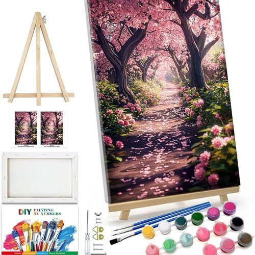 1 Paint by Numbers Kit for Adults Landscape Paint by Number with Frame DIY Cherry Blossom Paint by Number with Easel Flowers Paint by Numbers Kit on Canvas for Gift Home Wall Decor 7.87x11.81 Inch