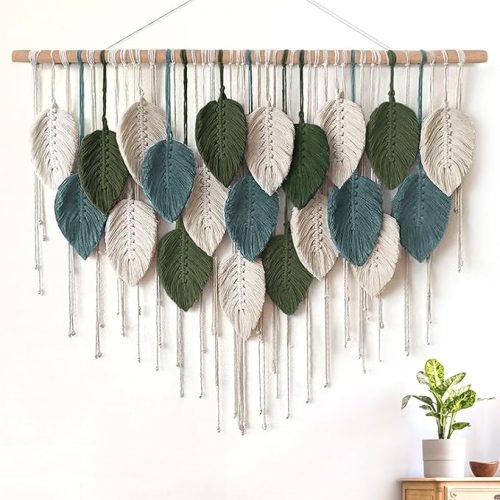 1 Macrame Wall Hanging Large Boho Home Decor, Bohemian Leaves Tapestry Modern Handmade Yarn Woven Feather Leaf Chic Wall Art Decorations for Bedroom Living Room Nursery Backdrop 39" W X 29.5" L