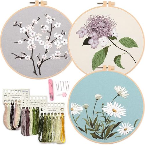 1 3 Sets of Starter Kits for Embroidery Beginners, Including 3* Embroidery Cloth with Patterns, Hoop, Needle, Manual and Other Manual DIY Tools Needed for Embroidery