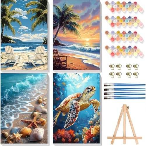 1 4 Pack Paint by Numbers for Adults with Framed Canvas - with Wooden Easel, Beach Paint by Number on Canvas, DIY Sea Turtle Acrylic Oil Painting Kits with Brushes for Home Wall Decor (8x12 inch)