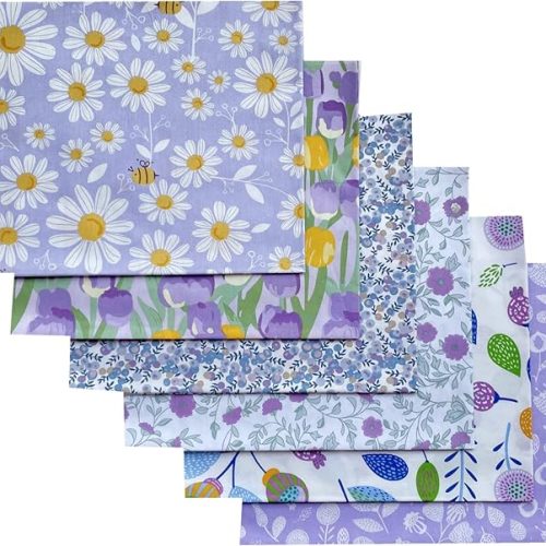1 Light Purple Floral Fat Quarters Fabric Bundles,Pattern with Bees and Chamomile Daisy Flowers in Lavender Background, Quilting Fabric for DIY Handmade Crafting 18 X 22 inch (6pcs)