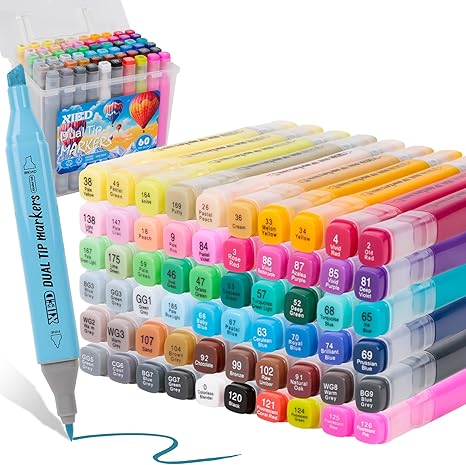 60 Colors Alcohol Markers, Dual Tips Alcohol-Based Art Markers Set for Kids and Adults in Coloring, Painting (Fine & Broad