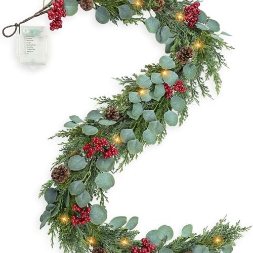 6FT Christmas Garland with Lights Artificial Pine Cypress Eucalyptus Garland with Red Berries Christmas Tips Cedar Garlands,Christmas Decorations Holiday Indoor Outdoor Winter Garland