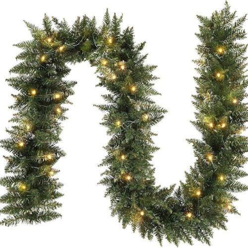 9ft Pre-lit Christmas Garland with 50 LED, 8 Lighting Modes Battery Powered & 6H Auto Timer, Waterproof 240 Branch Tips Prelit Garlands with Warm White Lights for Indoor Outdoor Holiday Decorations