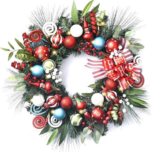18'' Pre-Lit Christmas Wreath for Front Door with Lights, Lighted Christmas Door Wreath with Multi-Colored Balls & Bow for Home Porch Fireplace Window Holiday Party Wall Decor