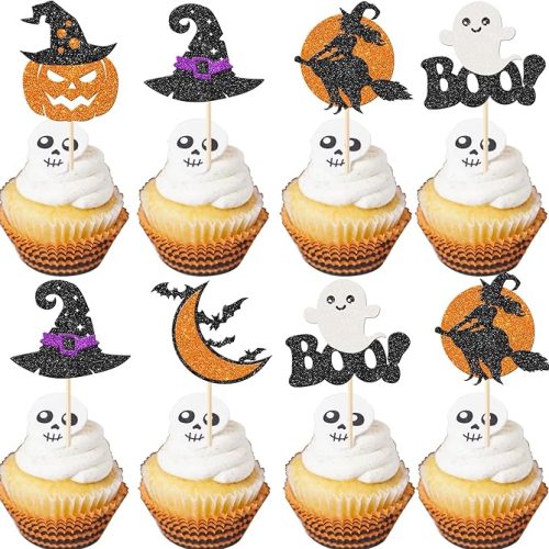 30 Pack Halloween Ghost Boo Cupcake Toppers Glitter Bat Pumpkin Ghost Witch Cupcake Picks Decorations for Halloween Theme Baby Shower Kids Birthday Party Cake Decorations