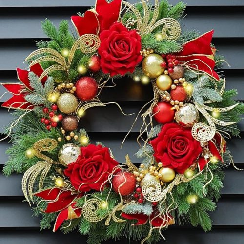 Christmas Wreaths for Front Door–24Inch Outdoor Christmas Door Wreath with Lights,Classic Xmas Wreath with Pinecone,White Berries and Silver Ornaments Design, Holiday Outdoor Wreaths Decor