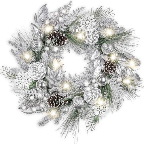 24'' Pre-Lit Christmas Wreath for Front Door with Light, Collapsible Lighted Outdoor Christmas Wreath with Silver White Xmas Ball Pinecones for Home Porch Fireplace Window Holiday Decor