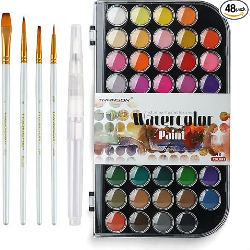 48 Colors Watercolor Paint Set with 4pcs Paint Brushes and 1pcs Water Brush Pen for Adults, Students, Beginners and Artists