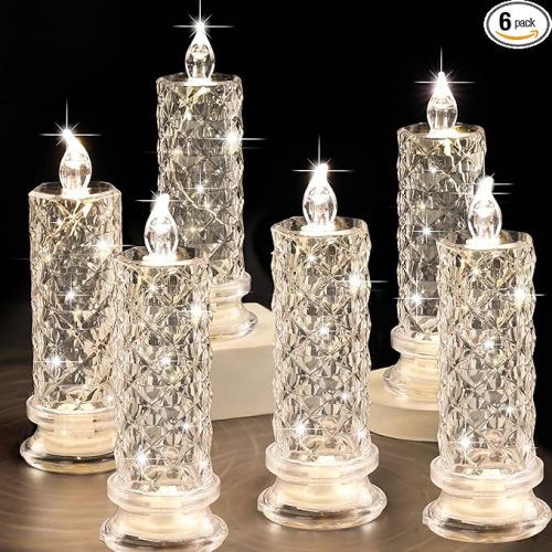 Rose Shadow LED Flameless Candles, 6PCS Romantic Battery Operated Candles Led Pillar Candles for Valentines Anniversary Wedding Christmas Decorations(White, D 2.5" x H 7.2")