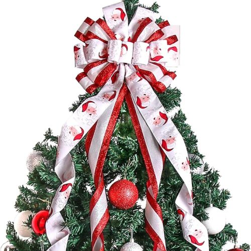 Christmas Tree Topper Christmas Wreath Bow, 52 * 13 inches Tree Toppers Bow withSanta Claus Patterned Ribbon for Xmas Tree Christmas Rustic Farmhouse Home Holiday Party Decorations White Red