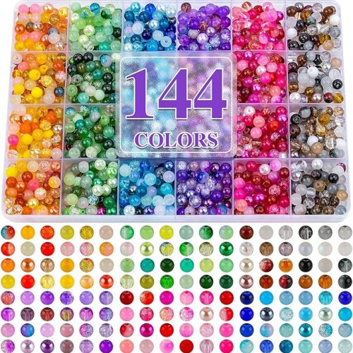 About 1200PCS 6mm Glass Beads Bracelet Making Set, 144 Color Colorful Round Style Glass Beads for Bracelet and Jewelry Making and DIY Crafts,Friendship Bracelets