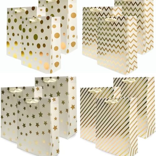 1 UNIQOOO 12PCS Metallic Gold Christmas Gift Bags Bulk with Handle, Large 12.5 x10 Inch, Assorted Modern Geometric Paper Gift Wrap Bags, For Valentines Day Holiday Birthday Wedding Gift Packaging Decor