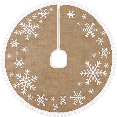 MACTING Christmas Tree Skirt, 30 Inch Red Small Tree Mat with White Large Small Snowflake Patterns Pom Poms for Home Party Holiday New Year Indoor Home Xmas Tree Decorations