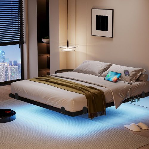 14 Inch Floating Queen Bed Frame with Smart LED Lights and Charging Station, Modern Metal Queen Bed Frame, Easy to Assemble, No Box Spring Needed (Queen)