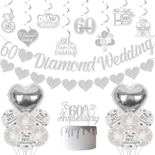 60th Diamond Wedding Anniversary Decorations, Glitter Banner, Cake Topper, Hanging Swirl, Silver Heart-shaped Love Foil Balloons, Party Festival Celebration Supplies Sets