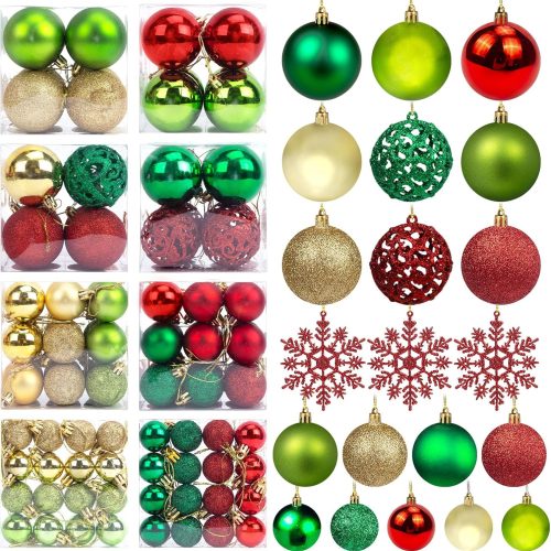 DomeStar Christmas Tree Ornament Set, 112PCS Shatterproof Red Green and Gold Christmas Ball Assorted Baubles Glitter Hanging Decorations for Xmas Tree Weeding Party