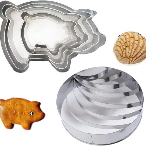 1 4 Inch Concha Cutter Mexican Bread Mold with 5 Sizes Piggy Cookie Cutters, Stainless Steel Molde Para Hacer Conchas De Pan, Metal Concha Shell Stamp and Pig Cookie Cutter Set