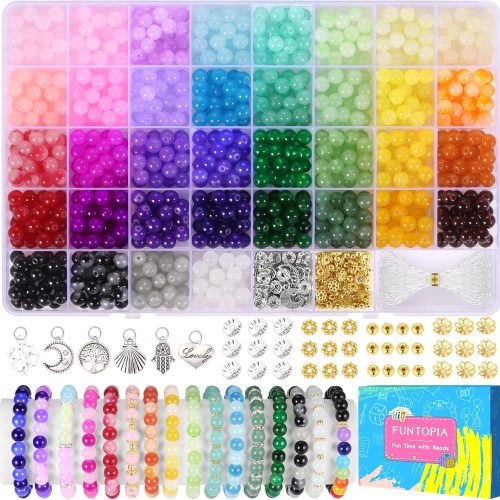Funtopia 8mm Glass Beads for Bracelets, 36 Colors Crystal Beads for Jewelry Making, 1061pcs Bracelet Making Kit, Round Glass Bead for DIY Earrings Necklace Crafts with Spacer Bead and Charms