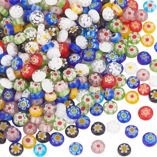 PH PandaHall 325Pcs/5 Strands Millefiori Lampwork Glass Beads 6mm Flat Round Flower Glass Beads Handmade Flower Millefiori Lampwork Bead Loose Spacer Bead for Jewelry Making DIY Crafts