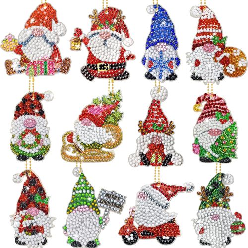 Christmas Diamond Painting Keychain Kit, 5D DIY Diamond Painting Art Santa Gnomes Hanging Ornament Full Drill Diamond Key Rings Pendant for Beginners Kids Adults Christmas Tree Home Decorations