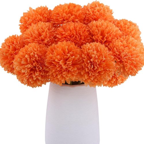 1 12 Pcs Artificial Chrysanthemums Fall Flowers Silk Orange Marigolds Flowers Fake Mums Flower for Autumn Dia de Los Muertos Diwali Day of The Dead Home Decor (12, Orange)