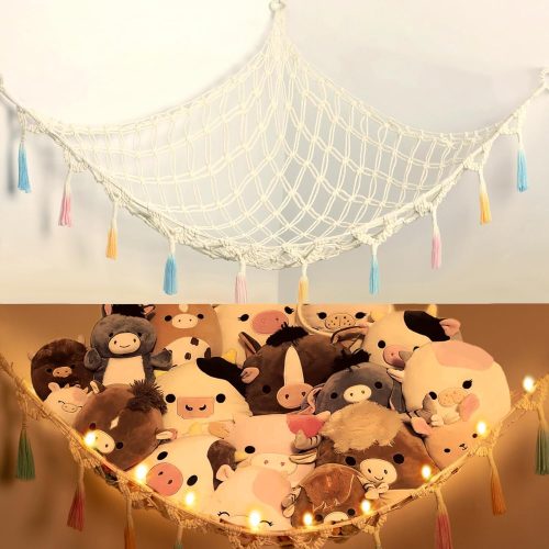 1 Stuffed Animal Net or Hammock with Light,Yewiwin Macrame Hanging Net Hammock for Stuffed Animal Toy Storage Organizer Boho Decor Room Holder for Nursery Play Room Bedroom (Beige(55"*55"*72"))