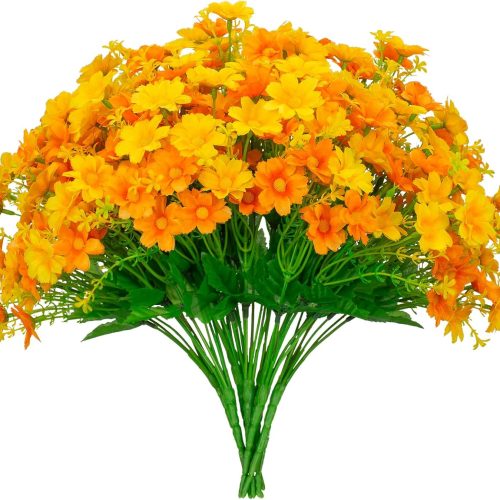 1 Artificial Daisy 8 Bundles Mums Flowers Outdoor UV Resistant Plants Fake Silk Flowers No Fade Greenery Shrubs Home Wedding Office Garden Porch Décor(Orange+Yellow)