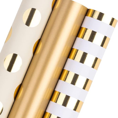 1 Gold Wrapping Paper Roll - Mini Roll - 3 Rolls - 17 Inch X 120 Inch Per Roll - Gold Foil Birthday Wrapping Paper for Wedding, Christmas, Party, Baby Shower