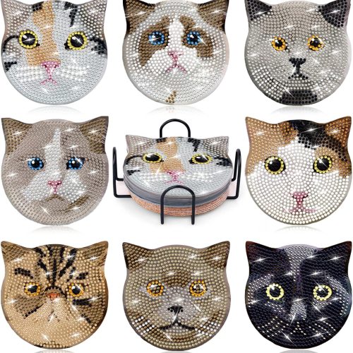 1 8 Pieces Diamond Painting Coasters Kit with Holder, Diamond Art Coasters, DIY Diamond Art Crafts Projects, Diamond Dot Kits for Adults and Beginners(Cat Style)