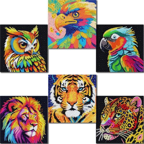 1 UiSdfuy Diamond Painting for Kids 8-12, 6 Pcs Diamond Dots Kits for Kids Ages 8 9 10 12, Arts & Crafts Gift for Boys & Girls | 6 Pack Animal Gem Art 6" x 6" (6-Tiger)