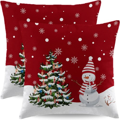 1 Red Christmas Pillow Covers 18x18 Set of 2 Farmhouse Snowman Snowflake Xmas Tree Decorative Pillowcase Winter Holiday Square Linen Cushion Covers for Home Bed Couch Sofa Outdoor Decor