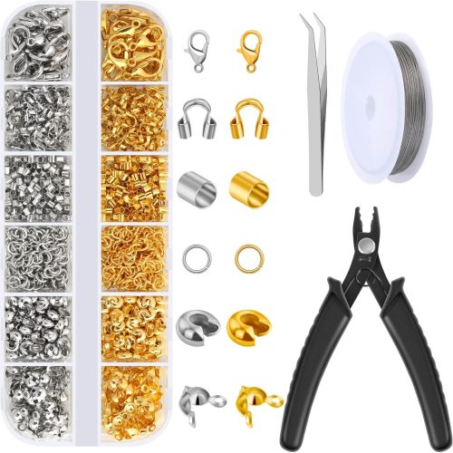 1 1200 Pcs Crimp Beads Kit for Jewelry Making, Acejoz Crimp Beads, Crimp Covers, Crimp Tubes and Wire Guardians, Lobster Clasps, Jump Rings, Crimping Pliers and Beading Wire for Jewelry Making