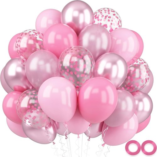 1 Metallic Chrome Pink 52 PCS 12 Inch Latex Balloons with Pink Confetti - Cherry Blossom, Pearl, Maca for Girl Women Birthday, Wedding, Baby Shower, Party Decorations