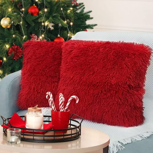 1 Red Throw Pillow Covers, Pack of 2 Christmas Pillow Covers Decorative Pillows for Couch, Luxury Soft Faux Fur Throw Pillow Covers Decor Fluffy Pillows for Bedroom Bed, 16 x 16 Inch
