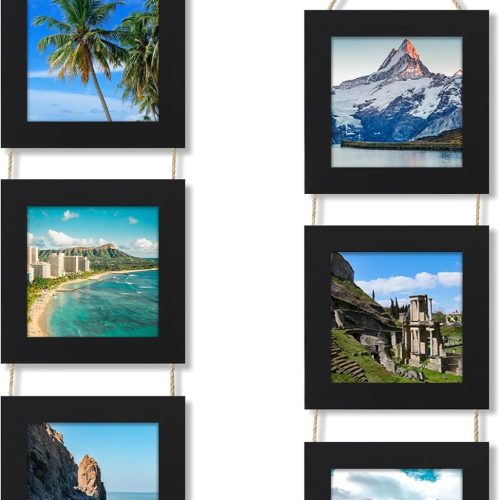 1 5x5 Collage Picture Frames Set of 2, Rustic Wooden Real Glass Vertical Hanging 3 Opening 5 by 5 Photo Frame, Black
